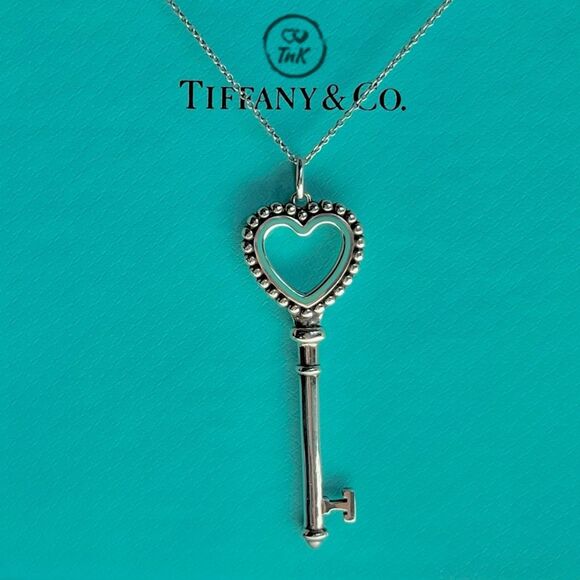 Tiffany & Co Large 2" Teal Blue Enamel Heart Beaded Trefoil Key Charm Pendant Ne - Picture 6 of 16